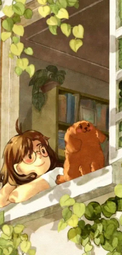 Illustration of girl and dog at leafy window, cozy and serene.