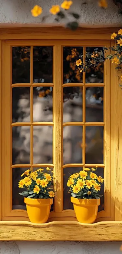 Cozy window with yellow flower pots decoration.