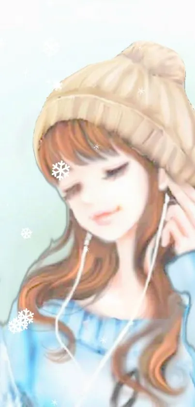 Anime character in winter attire with beanie enjoying music.