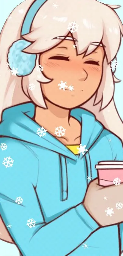 Anime character with earmuffs holding a pink cup, surrounded by snowflakes.