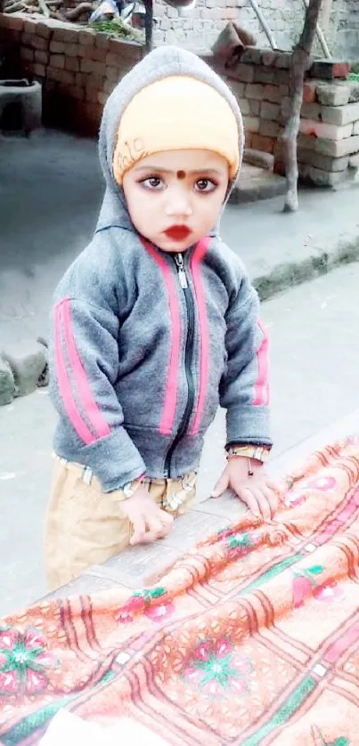 Baby in cozy winter outfit with a colorful blanket in a rustic setting.