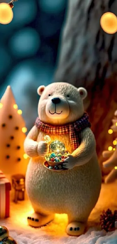 Cozy bear with festive lights in a snowy winter scene.