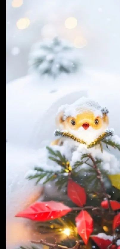 Cute snow-covered bird on a festive branch in winter scene wallpaper.