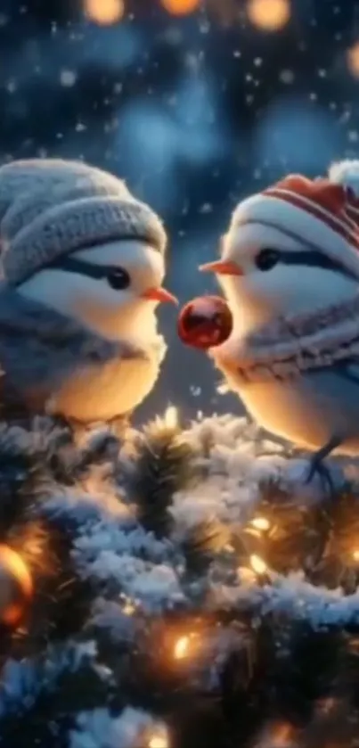 Two birds in winter hats on a snowy branch with festive lights.