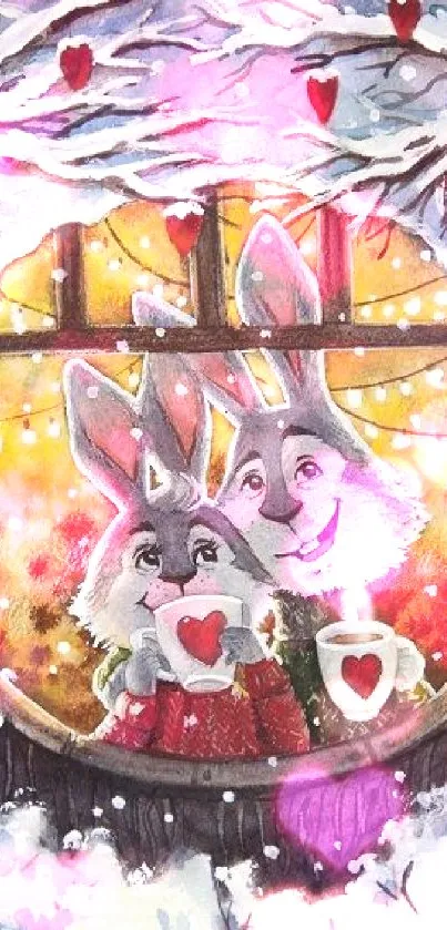 Cute rabbits in a snowy, decorated window embracing cozy vibes.