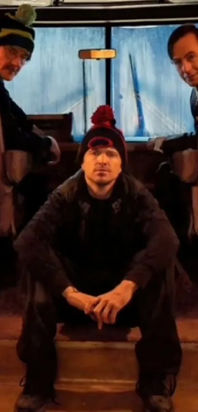 Three friends in a bus wearing winter hats with a snowy backdrop.