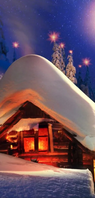 Cozy winter cabin with snow under a starry night sky and glowing moon.