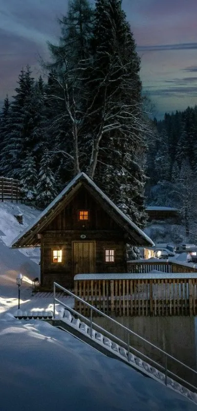 Cozy cabin at night in snowy forest landscape.