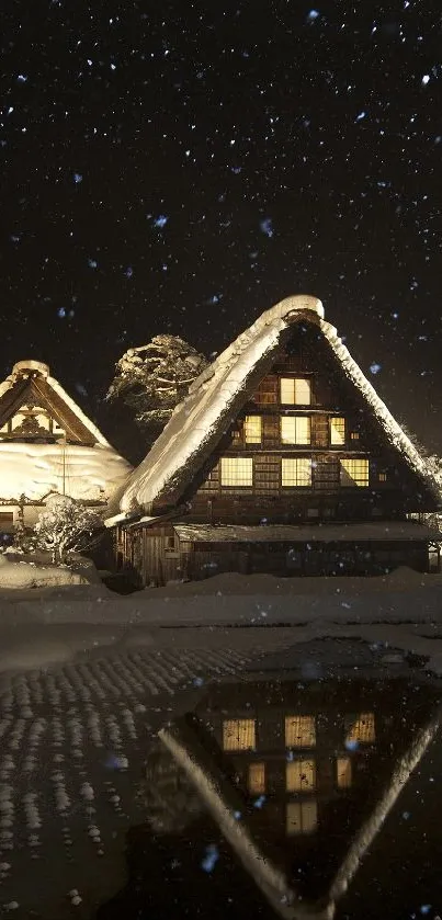 Cozy winter cabin with snowy reflections under a starry night sky.