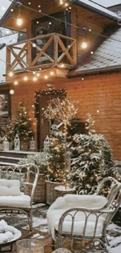 Snowy cabin with lights and trees in winter scene.