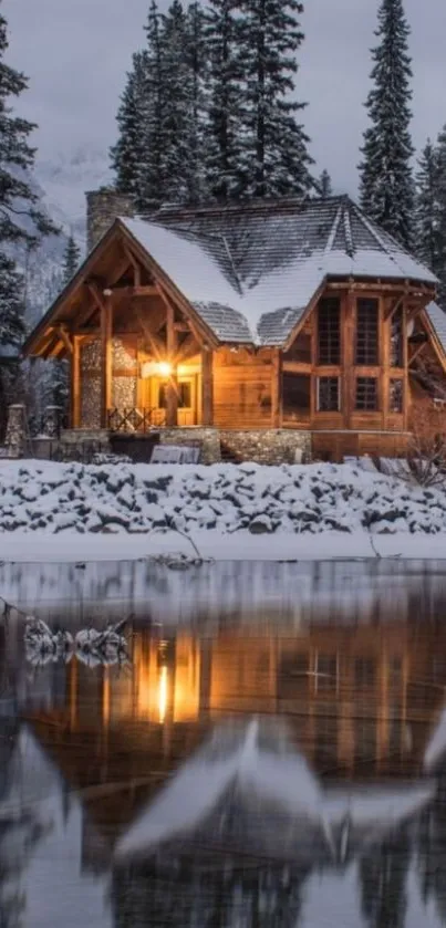 Cozy cabin by a snowy lake reflecting warm light.