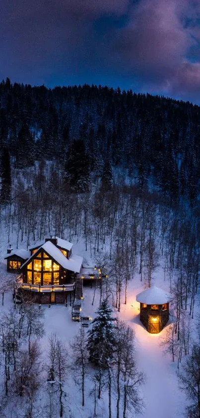 Cozy cabin in snowy forest under a midnight blue sky.