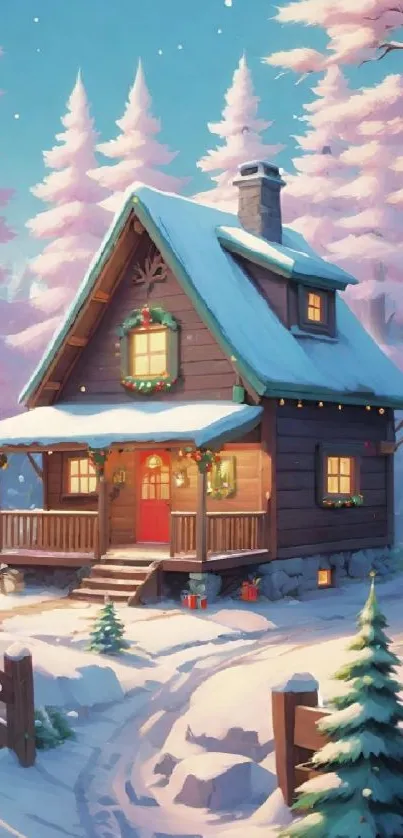 Cozy wooden cabin in snowy forest with holiday decorations.