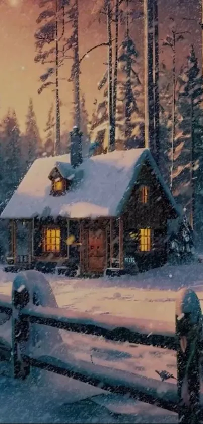 Cozy cabin in snow-covered forest landscape.