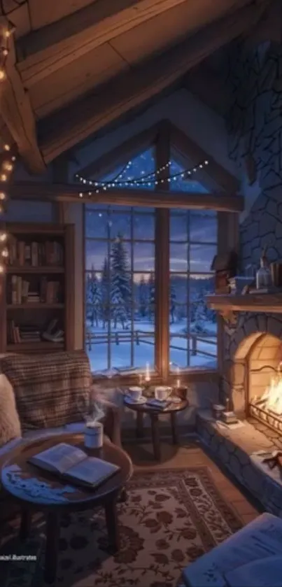 Cozy winter cabin with fireplace and snow.