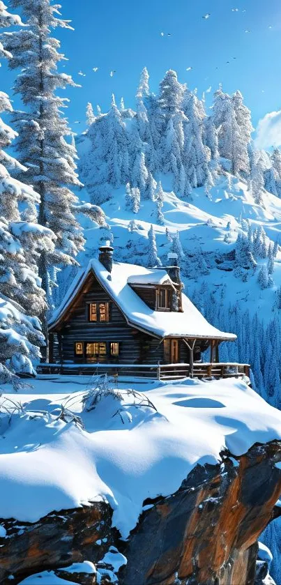 A cozy cabin on a snowy cliff in a serene winter landscape.