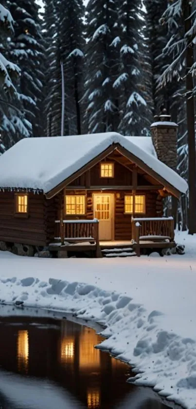 Cozy cabin in snowy forest with reflection.