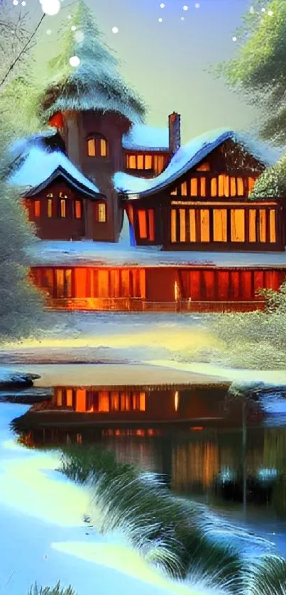 Peaceful snowy cabin with warm lights reflecting on a frozen lake under a blue sky.