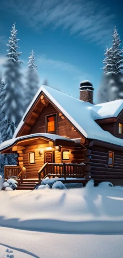 Snow-covered cabin illuminated at night.