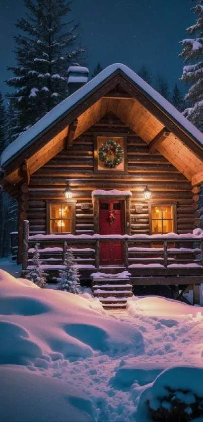 Snow-covered cabin with lights in a serene winter forest scene.