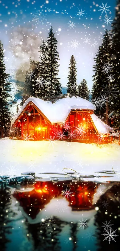 Snowy cabin with glowing lights and snowflakes, perfect for winter vibes.