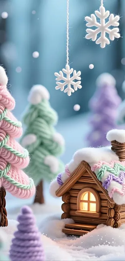 Cozy winter cabin with snow-covered trees and hanging snowflakes.