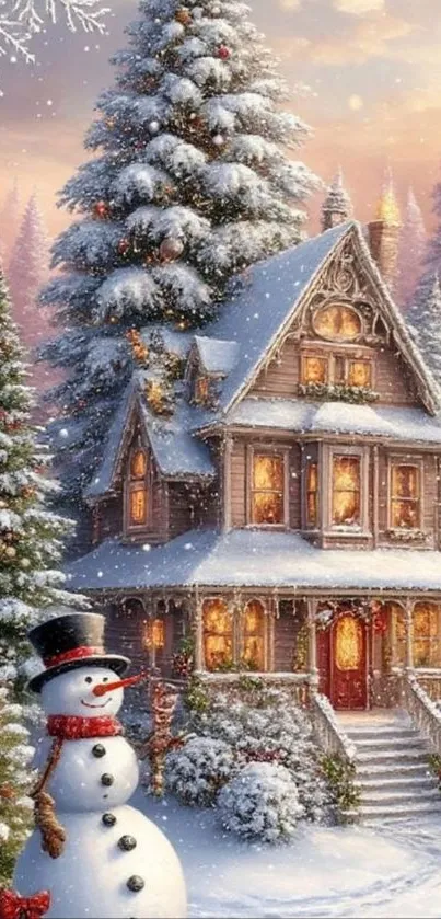 Charming winter cabin with snowman and festive lights in snowy landscape.