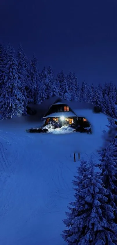 A cozy cabin in a snowy forest at night illuminated warmly.