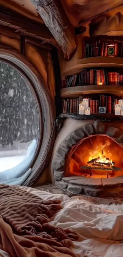 Cozy winter cabin with fireplace and snowy view.