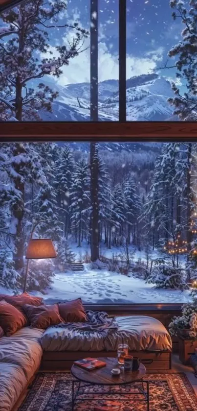 Cozy cabin with snowy forest view through a large window.