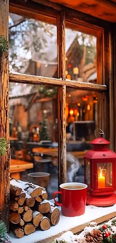 Cozy cabin view through a window with snow and decor.