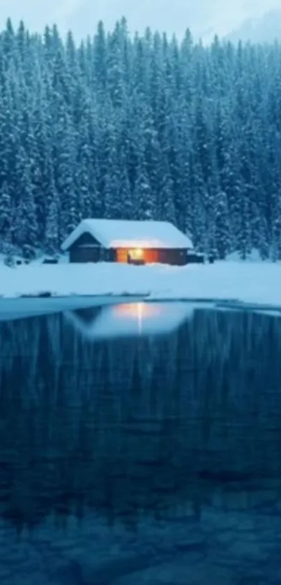 Cozy winter cabin with lights by a reflective snowy lake.