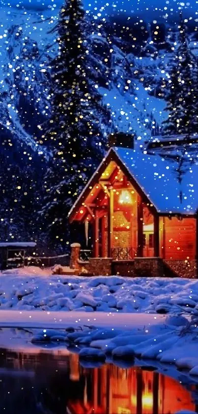 Cozy wooden cabin amidst snowy trees with falling snowflakes.