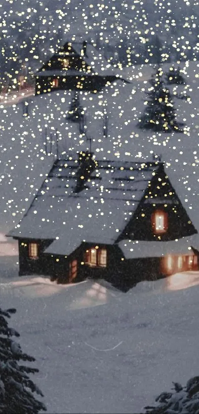 A cozy winter cabin surrounded by snow-covered trees, glowing warmly at night.