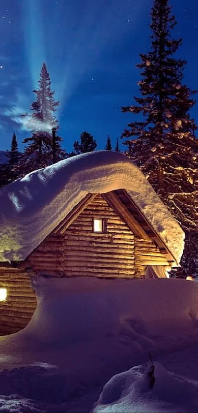 Winter night cabin with snowy pines and starlit sky.