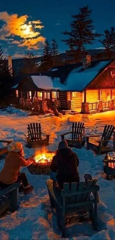 Cozy cabin and campfire in snowy winter night scene.