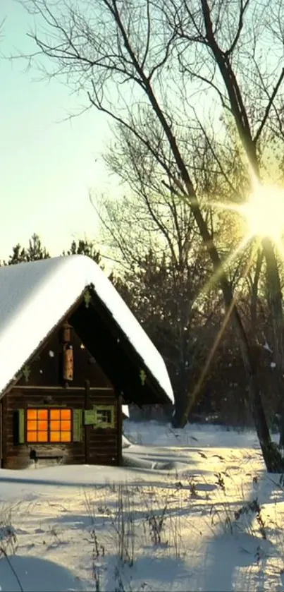 Snowy cabin with sunrise and trees in tranquil winter scene.