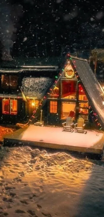 Snow-covered cabin illuminated at night with holiday lights.