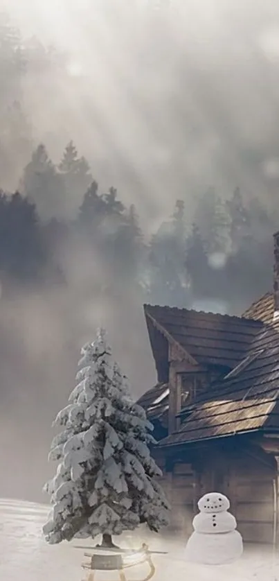 A serene winter cabin scene with snow-covered trees and a snowman.