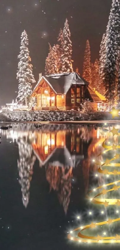 Cozy winter cabin with snow and twinkling lights reflected in a calm lake.