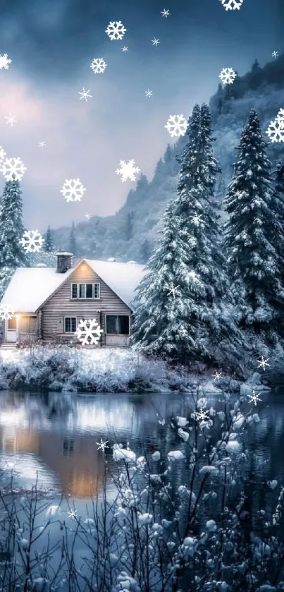 Peaceful snowy cabin by a frozen lake, surrounded by pine trees.