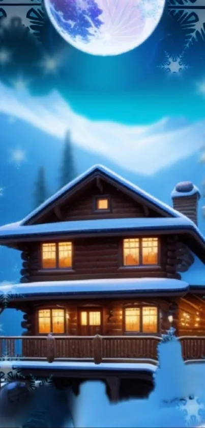 Cozy snowy cabin under a moonlit sky