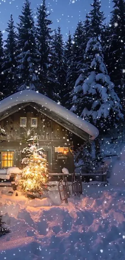 Snowy cabin at night with glowing lights and snowfall.