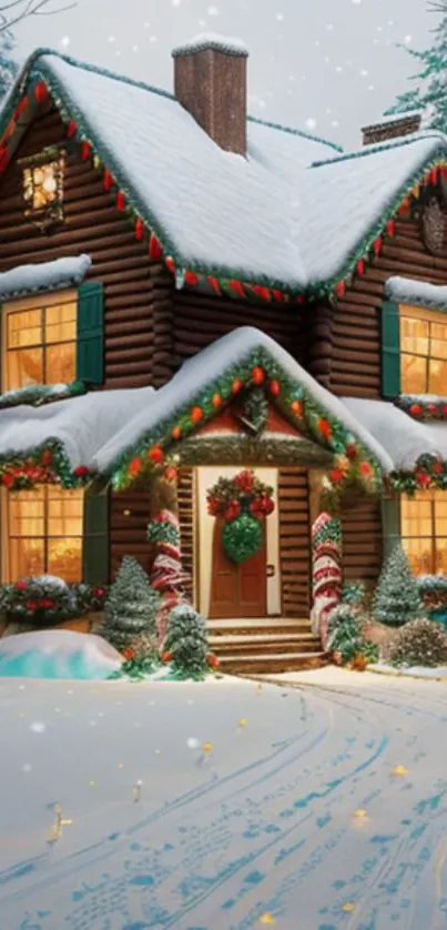 Snow-covered cabin with holiday decorations and lights.