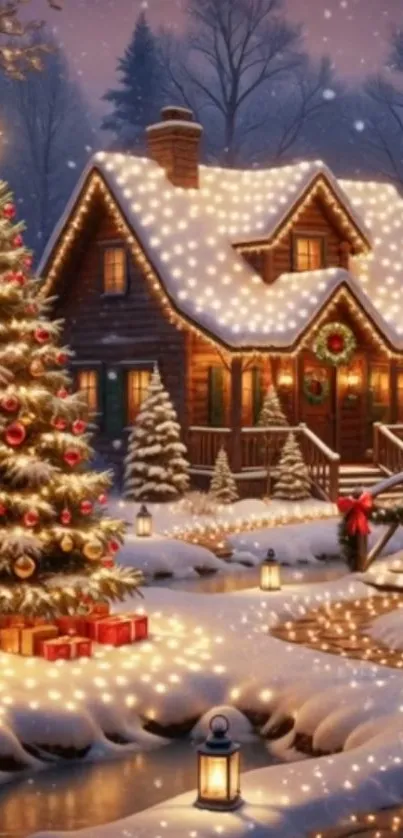 Cozy winter cabin with Christmas tree and festive lights in snow.