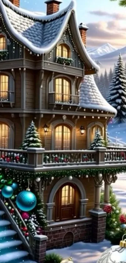 Cozy winter cabin with snow decorations and holiday charm.