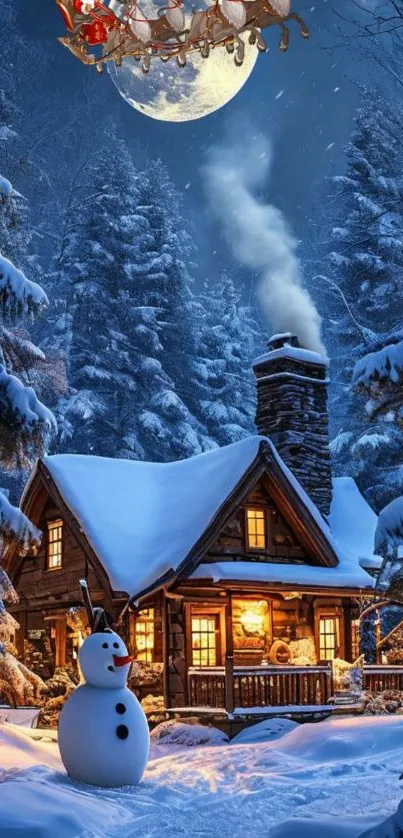 Snowy cabin with moonlit forest background.