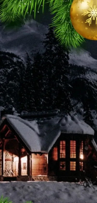 Cozy winter cabin with Christmas decor under a snowy mountain night sky.