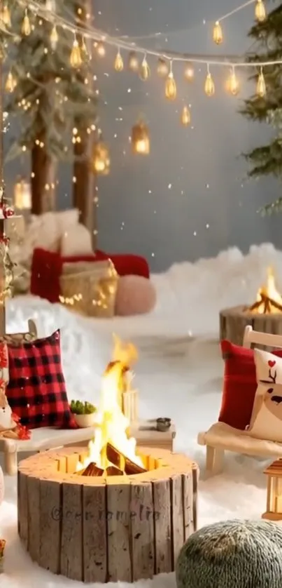 Cozy winter campfire scene with festive decor.