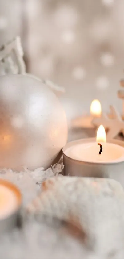 Warm winter candles with snowflakes and ornaments, cozy holiday decor.